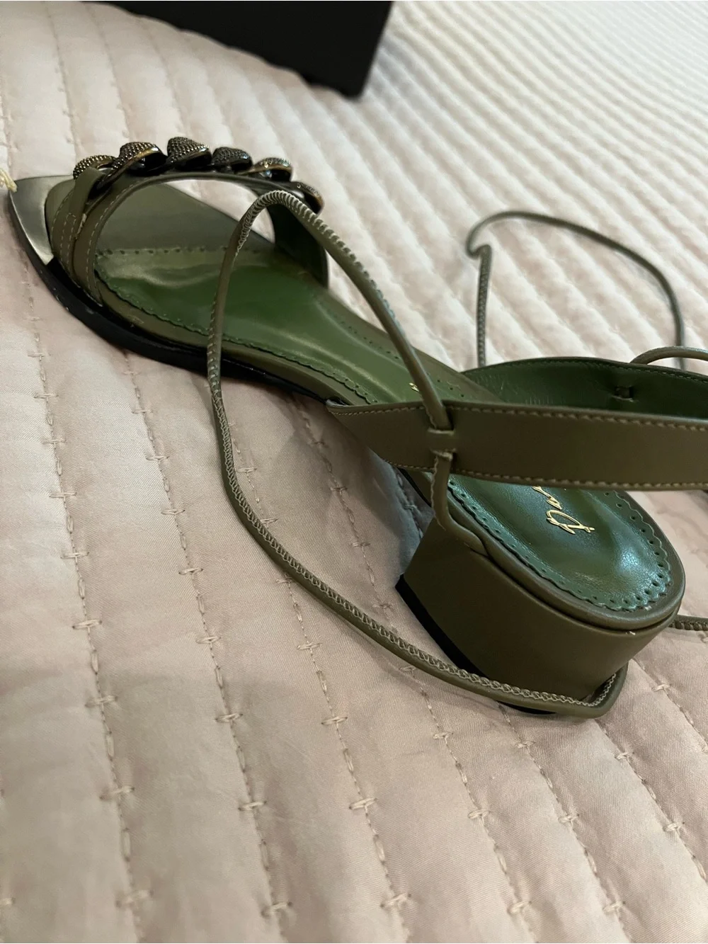 Piazza Flower Olive Green Chain-Trim Lace-Up Sandals